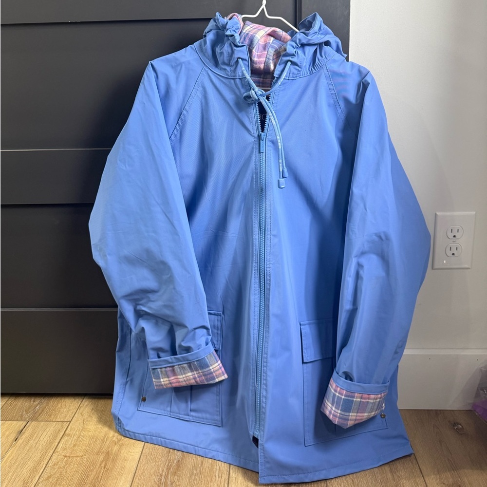 JG Hook PVC Rain Coat Jacket Hood Full Zip Pockets Blue Women’s Size Large